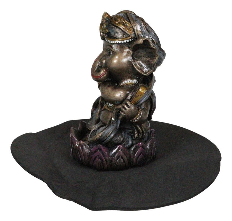 Hindu God Ganapati Baby Ganesha Playing Flute On Lotus Backflow Incense Burner-5