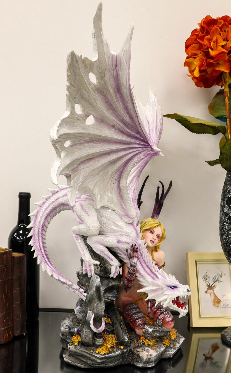Large 22.75"H Red Reptile Fairy With Roaring White Dragon By Treasures Statue-2