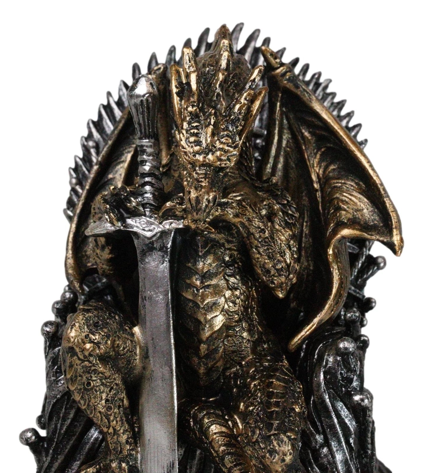 Bronzite Dragon Sitting On Iron Throne Of Swords With Valyrian Blade Figurine-6