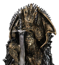 Bronzite Dragon Sitting On Iron Throne Of Swords With Valyrian Blade Figurine-6