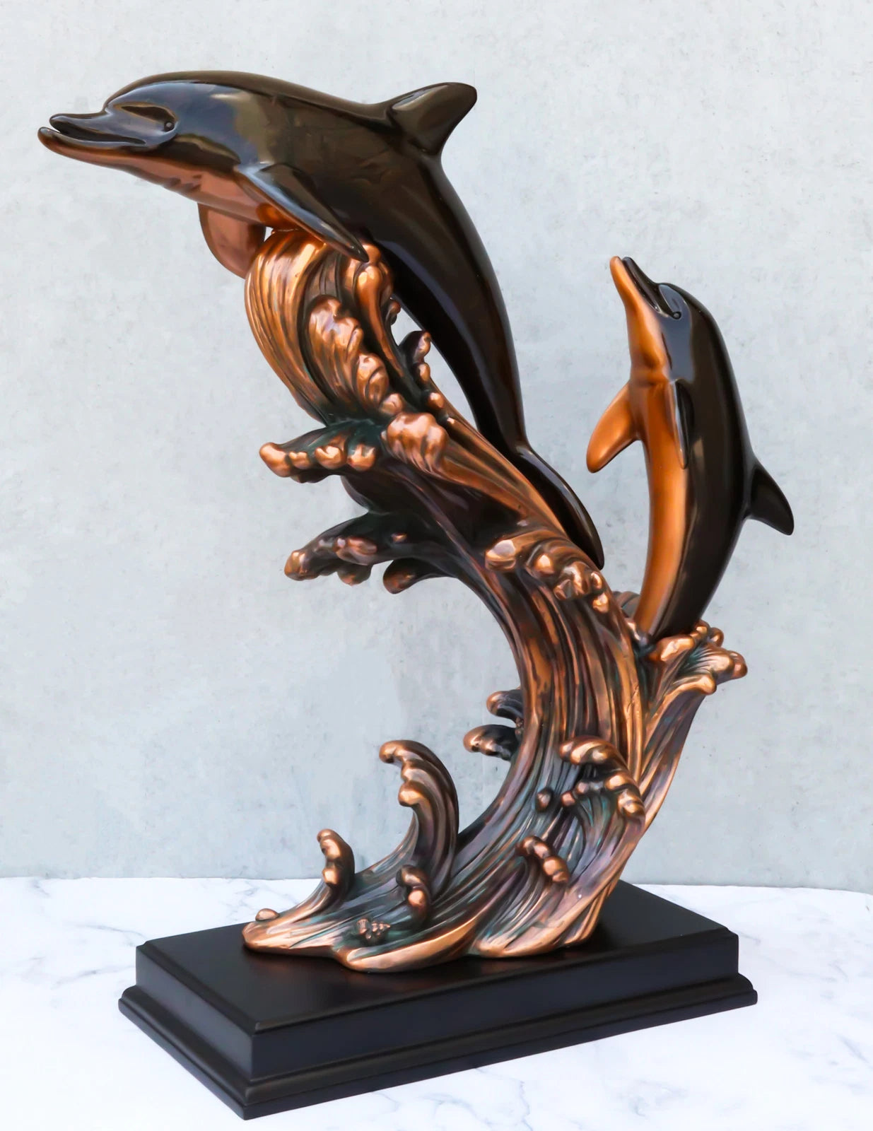 Large 23"H Nautical Marine 2 Bottlenose Dolphins Leaping Over Ocean Waves Statue