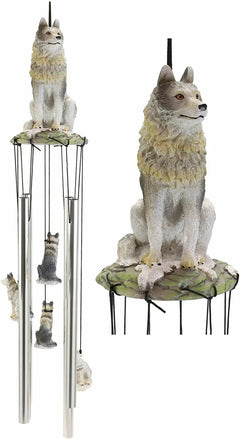 Realistic Sitting Lone Gray Wolf Hand Painted Sculptural Wind Chime Decorative-2