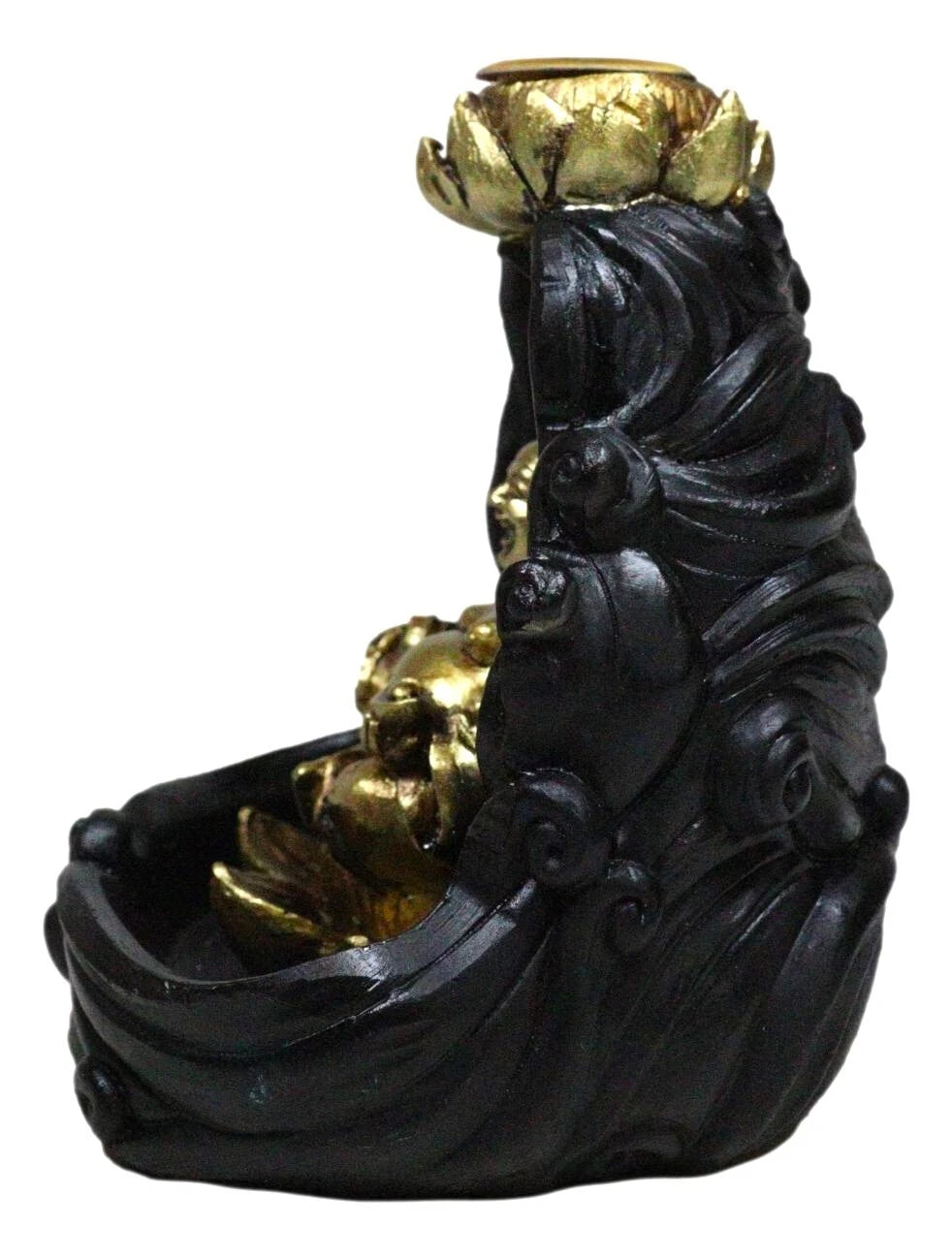 Golden Laughing Buddha Hotei On Black Cloud Lotus Backflow Incense Cone Burner-6