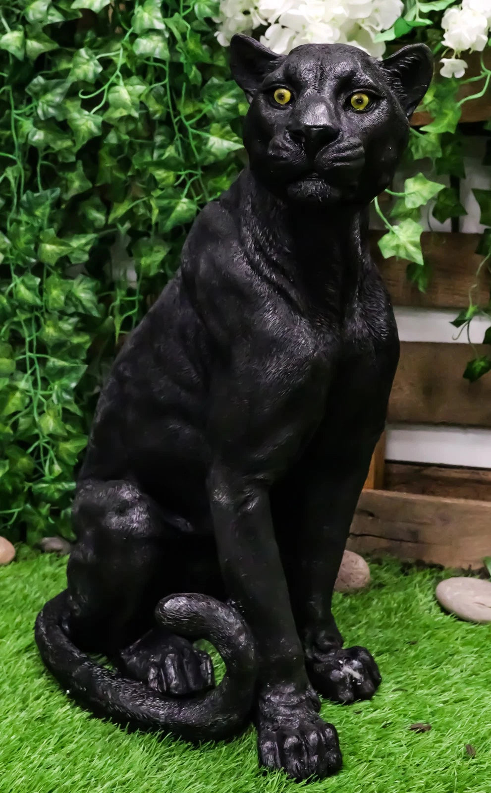 Realistic Large Black Ghost Panther Jaguar Hunter 20"H Garden Patio Statue-2