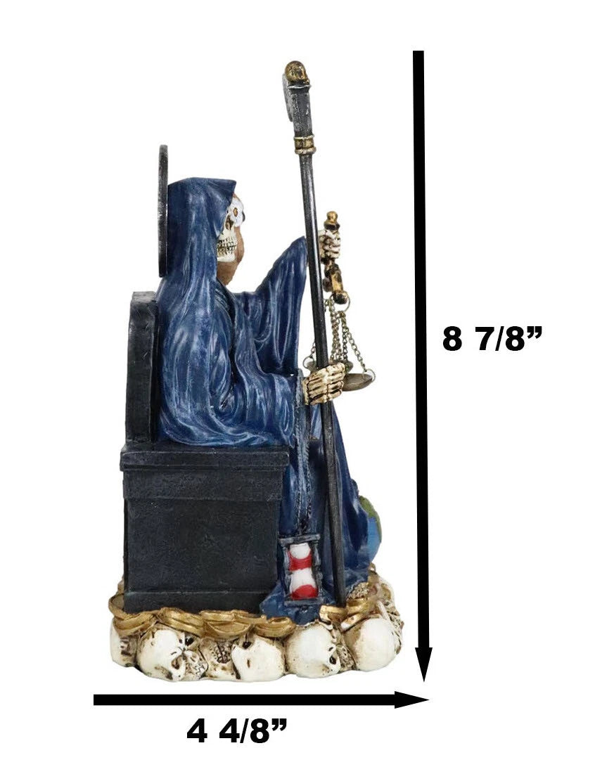 Seated Blue Santa Muerte With Scythe Scales of Justice And Wise Owl Figurine 9"H