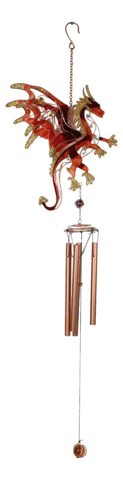 Medieval Fantasy Red Gold Fire Dragon Art Glass Gemstones Metal Wind Chime-5