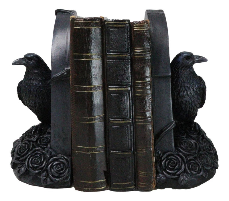 Raven Figurine, 8" Crow Perching on Black Roses Tombstone Gothic Figurine Bookends for Shelf, Desk, Home, or Gothic Room Decor Collectible-7