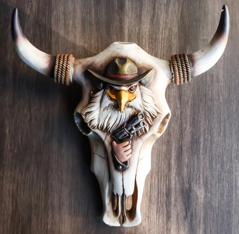 Rustic Western Eagle Cowboy With Gun Horned Ropes Cow Skull Wall Decor Plaque-1