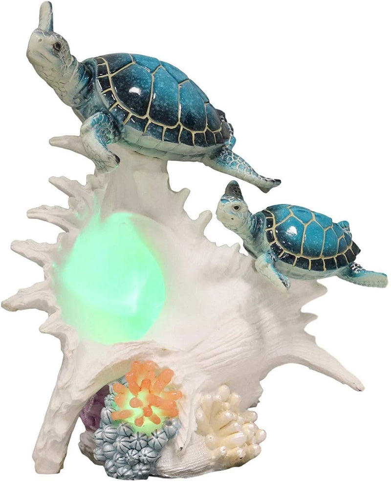 Colorful Nautical Sea Turtle Family Swimming By Big Conch With LED Light Statue-5