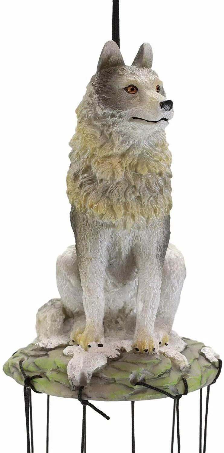 Realistic Sitting Lone Gray Wolf Hand Painted Sculptural Wind Chime Decorative-5