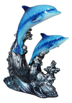 Nautical Marine Sea Ocean 2 Blue Dolphins Swimming Over Reef Waves Figurine-4