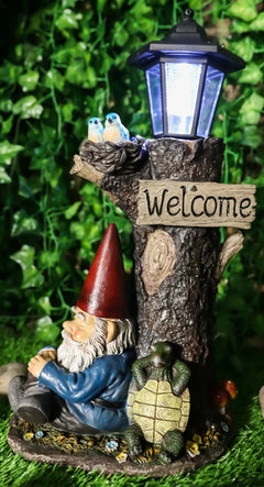 Summer Slumber Gnome With Buddy Turtle Solar Path LED Light Garden Statue-7