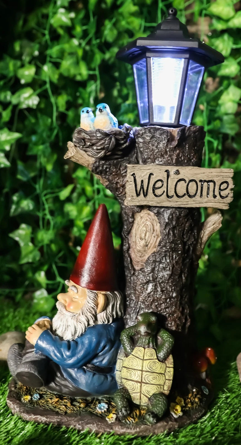 Summer Slumber Gnome With Buddy Turtle Solar Path LED Light Garden Statue-7