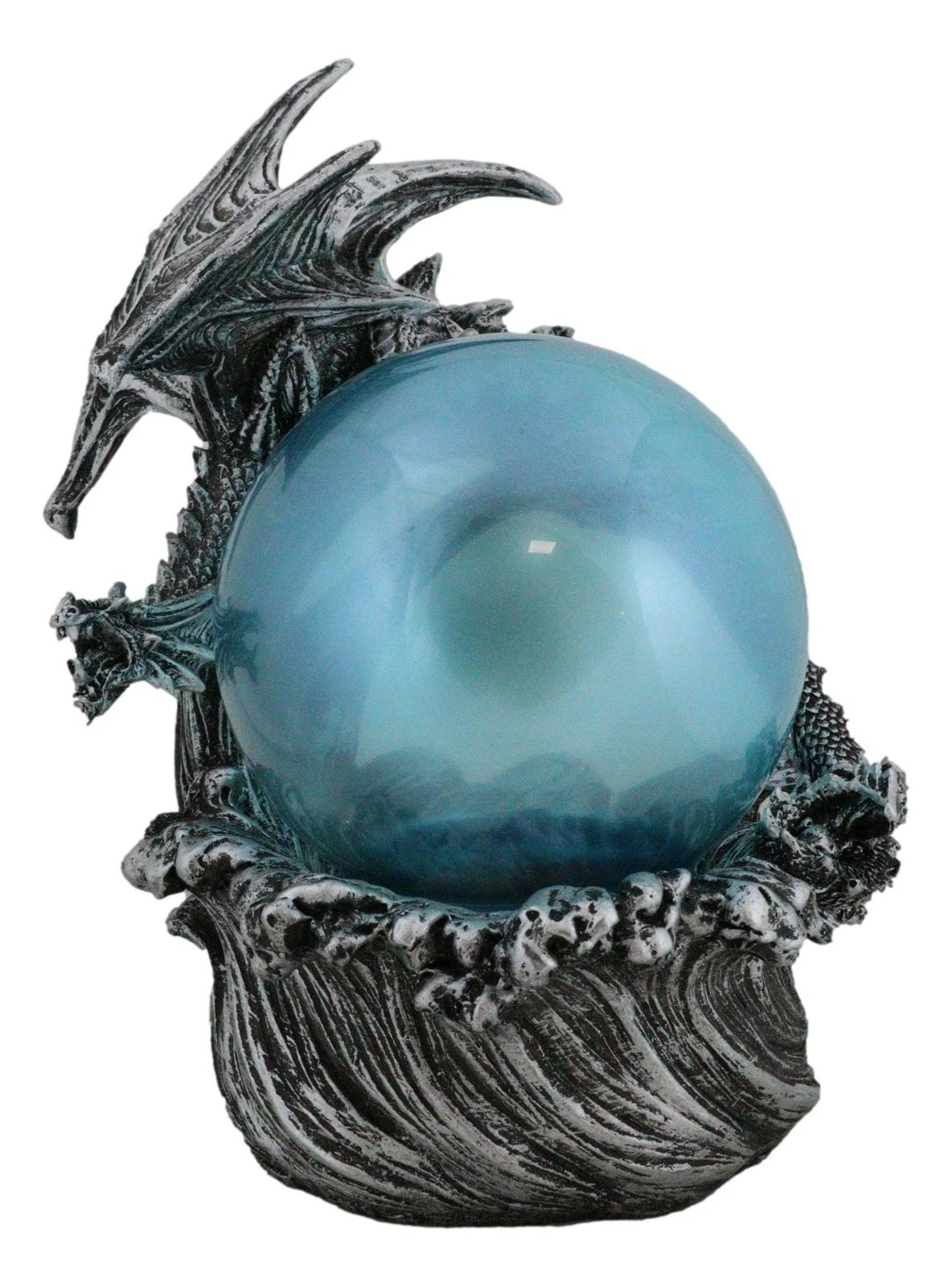 Silver Ocean Dragon Riding Tidal Sea Waves With Colorful LED Sphere Orb Figurine-4