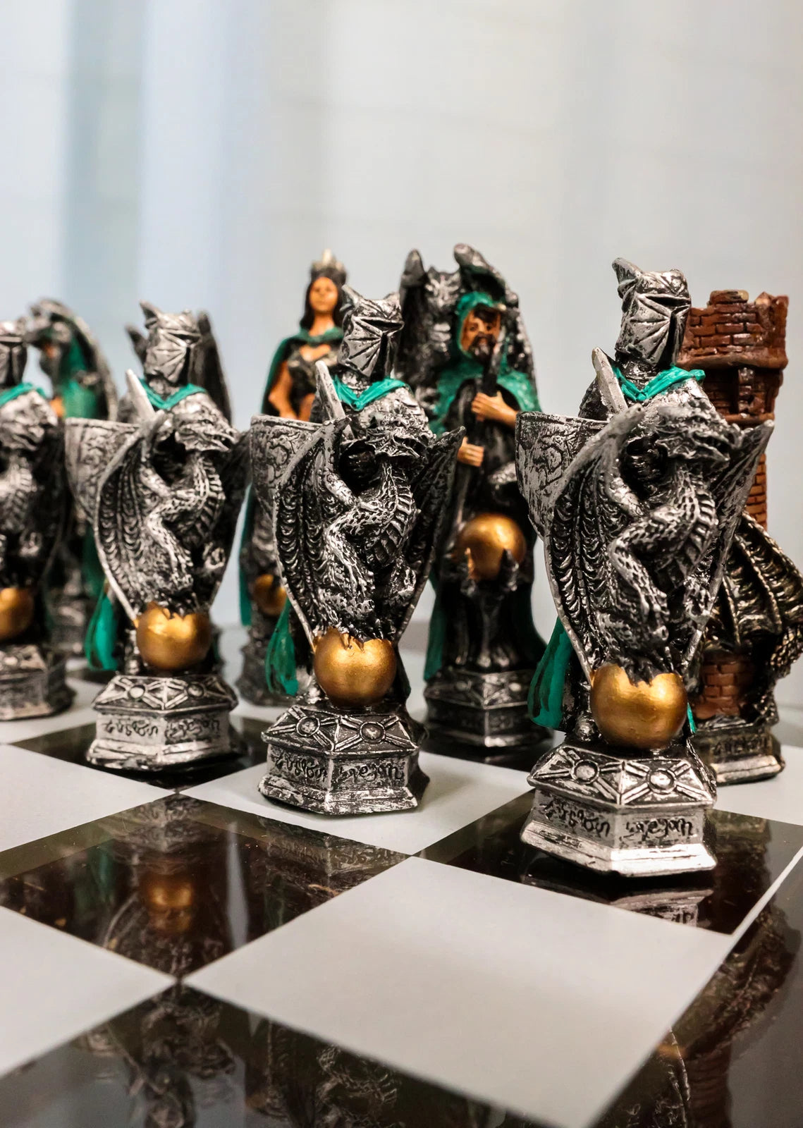 King Arthur Morgan Merlin Dragons Hand Painted Chess Pieces Glass Board