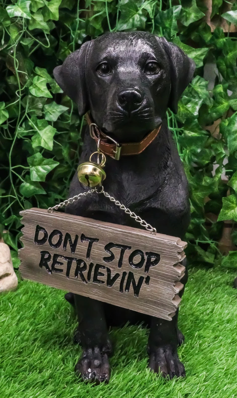 Lifelike Black Labrador Retriever Dog With Welcome Jingle Collar Sign Statue