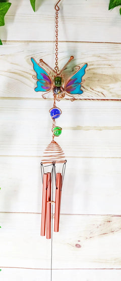 Stained Glass Flitting Butterfly Copper Metal Wind Chime 23"Long Outdoor Decor-4