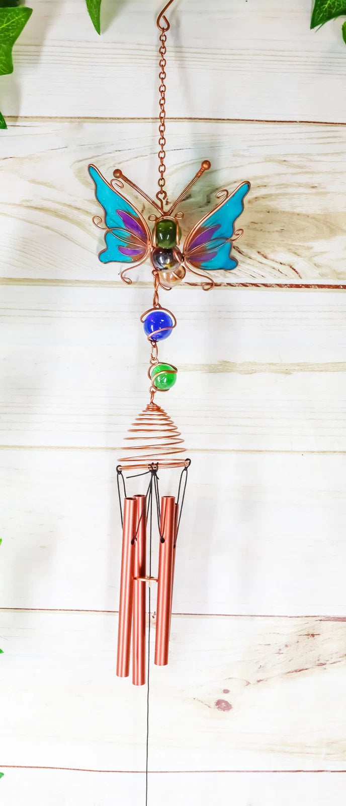 Stained Glass Flitting Butterfly Copper Metal Wind Chime 23"Long Outdoor Decor-4
