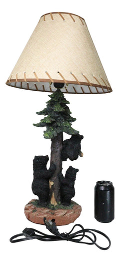 Rustic Western Forest Black Mama Bear With Cubs Climbing On Pine Tree Table Lamp-6
