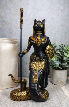 11"H Egyptian Bastet Cat With Snake Holding Spear & Shield Statue 11"H-1