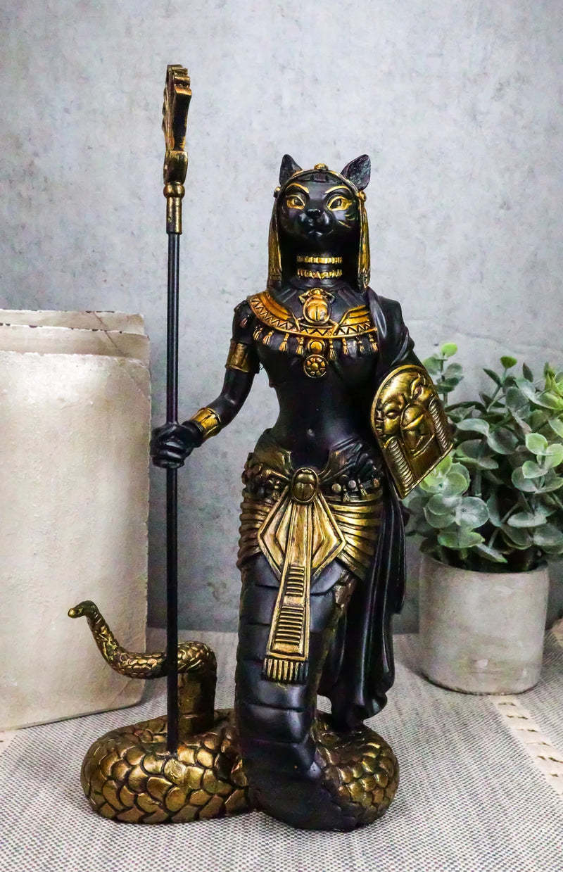 11"H Egyptian Bastet Cat With Snake Holding Spear & Shield Statue 11"H-1