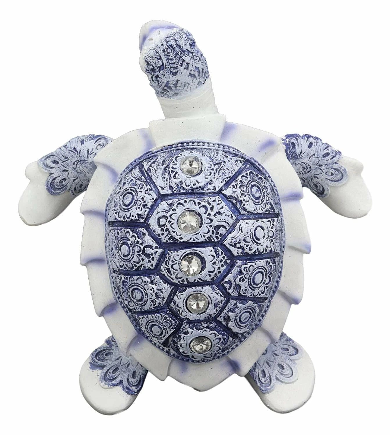 Terracotta Blue And White Feng Shui Celestial Sea Turtle Statue 6"Wide-5
