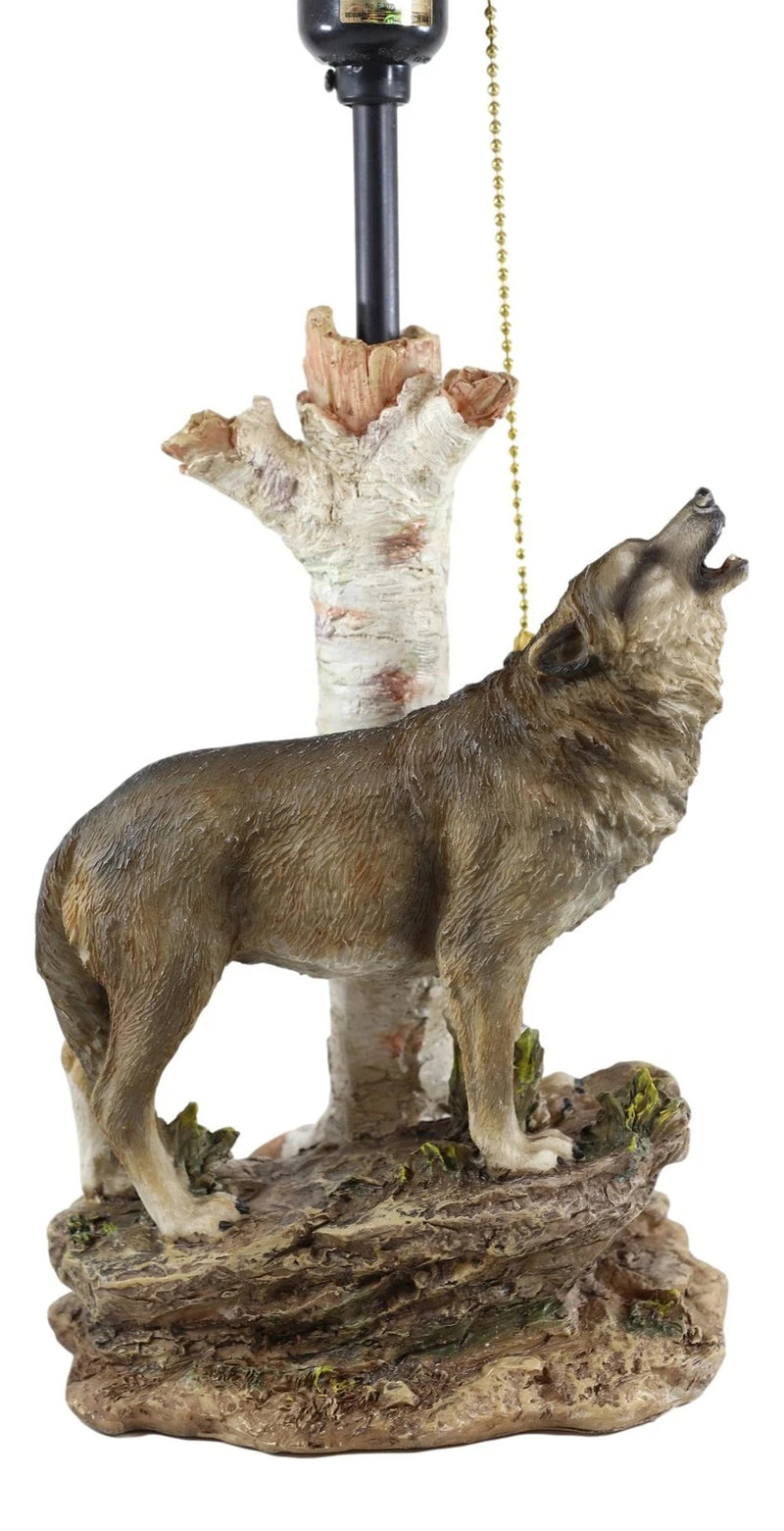 Rustic Wildlife Grey Wolf Howling By Birchwood Tree Table Lamp With Laced Shade-6