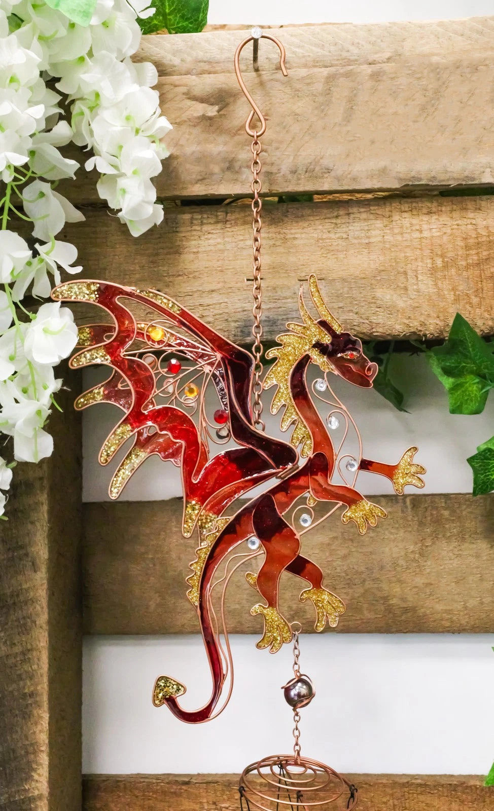 Medieval Fantasy Red Gold Fire Dragon Art Glass Gemstones Metal Wind Chime-8