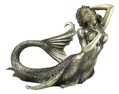 Nautical Aged Bronze Resin Seductive Mermaid Siren With Fishnets Figurine 7"L-2