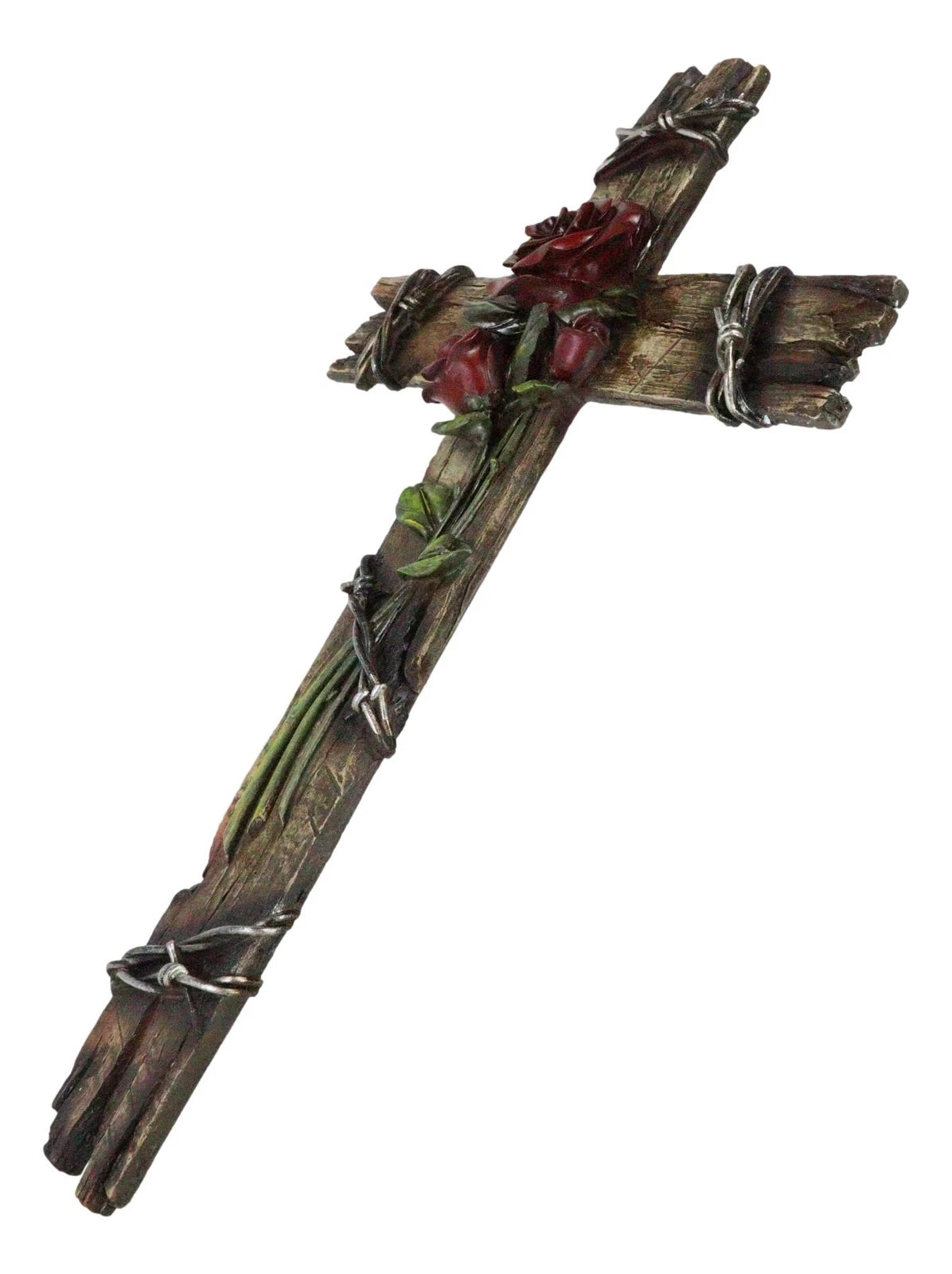 Rustic Western Faux Wooden Valentine Love Red Roses With Barbed Wires Wall Cross-4