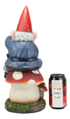 Large Whimsical Gnome On Toadstool Mushroom With Solar LED Lantern Light Statue-3