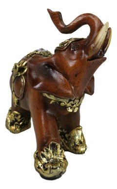 Feng Shui Faux Wood Left Facing Trunk Up Elephant With Golden Tapestry Figurine-6