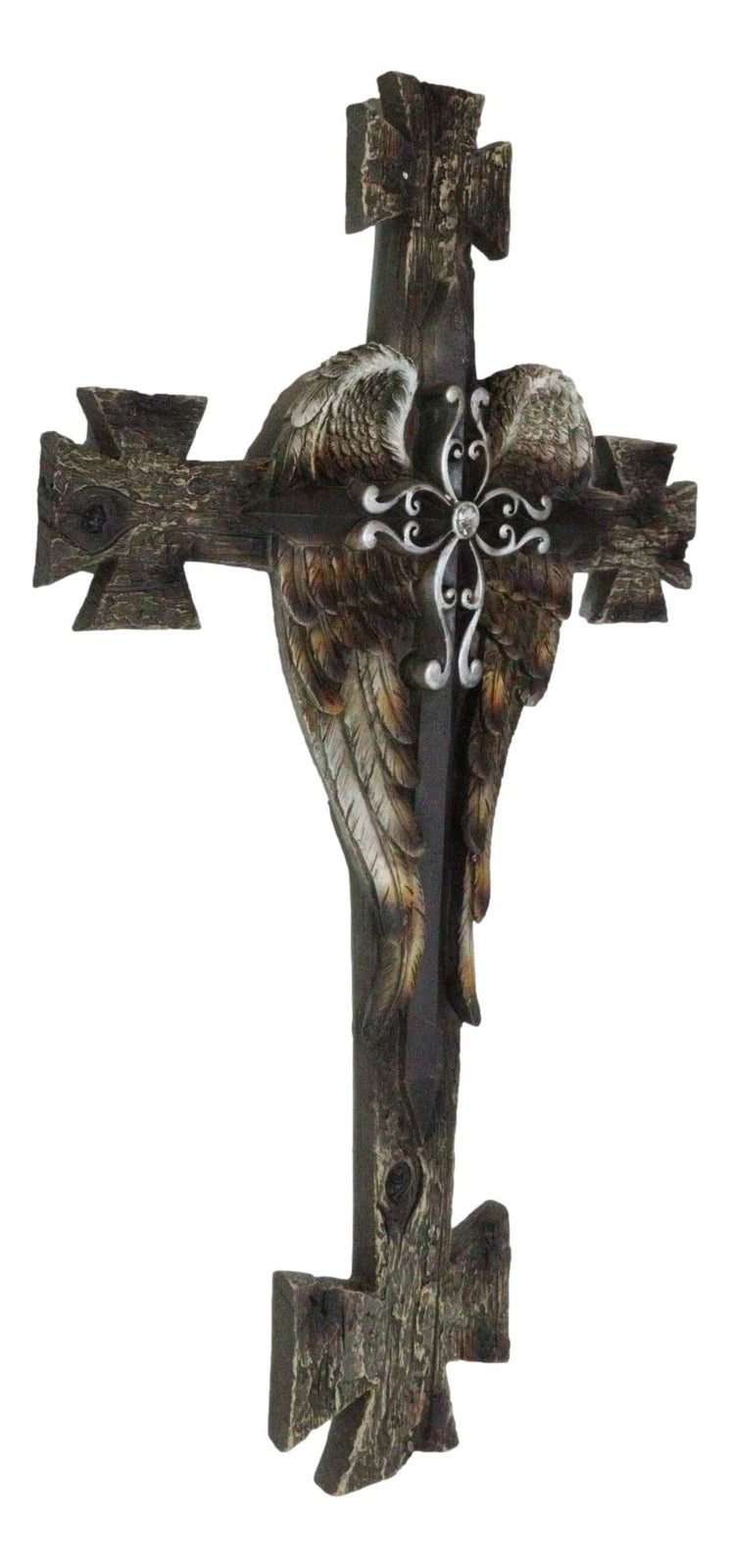 Black Biker Iron Cross With Angel Wings Layered Faux Wooden Wall Cross Plaque-3