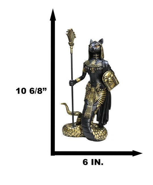 11"H Egyptian Bastet Cat With Snake Holding Spear & Shield Statue 11"H-5