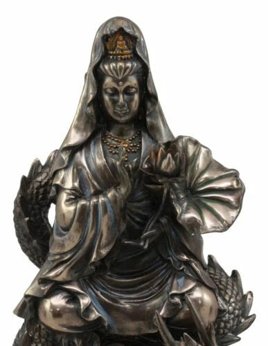 Avalokiteśvara Meditating Buddha Kwan Yin Kuan Yin On Dragon Statue 11"H-3