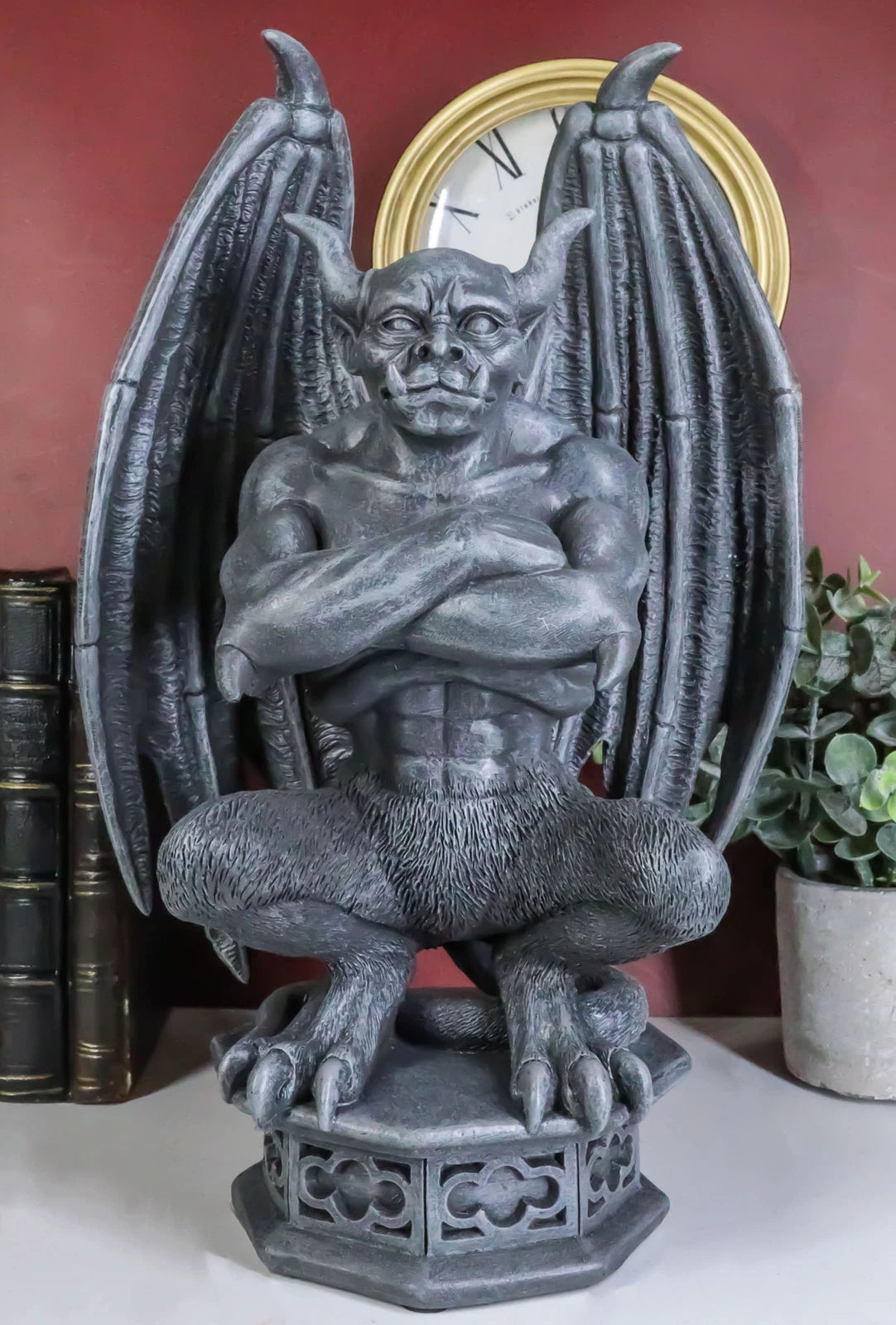 Gothic Gargoyle Statue, Horned Bulldog Figurine 12"H for Home Decor, Garden, Patio, Mantle Display, Crouching on Pedestal, Winged Fantasy Sculpture, Collector Gift-1