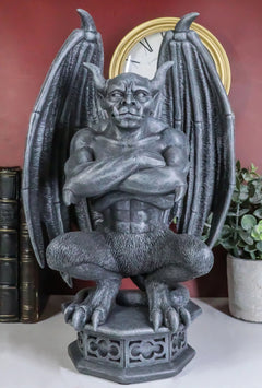 Gothic Gargoyle Statue, Horned Bulldog Figurine 12"H for Home Decor, Garden, Patio, Mantle Display, Crouching on Pedestal, Winged Fantasy Sculpture, Collector Gift-1