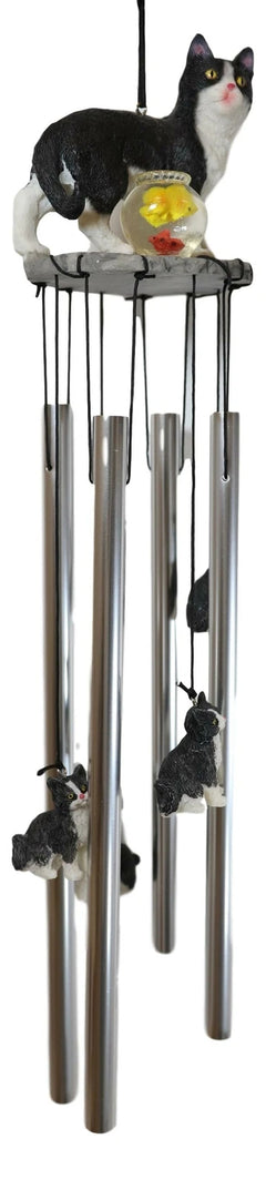 Tuxedo Black Kitty Cat with Fish Bowl Resonant Wind Chime 18.5"H Garden-3