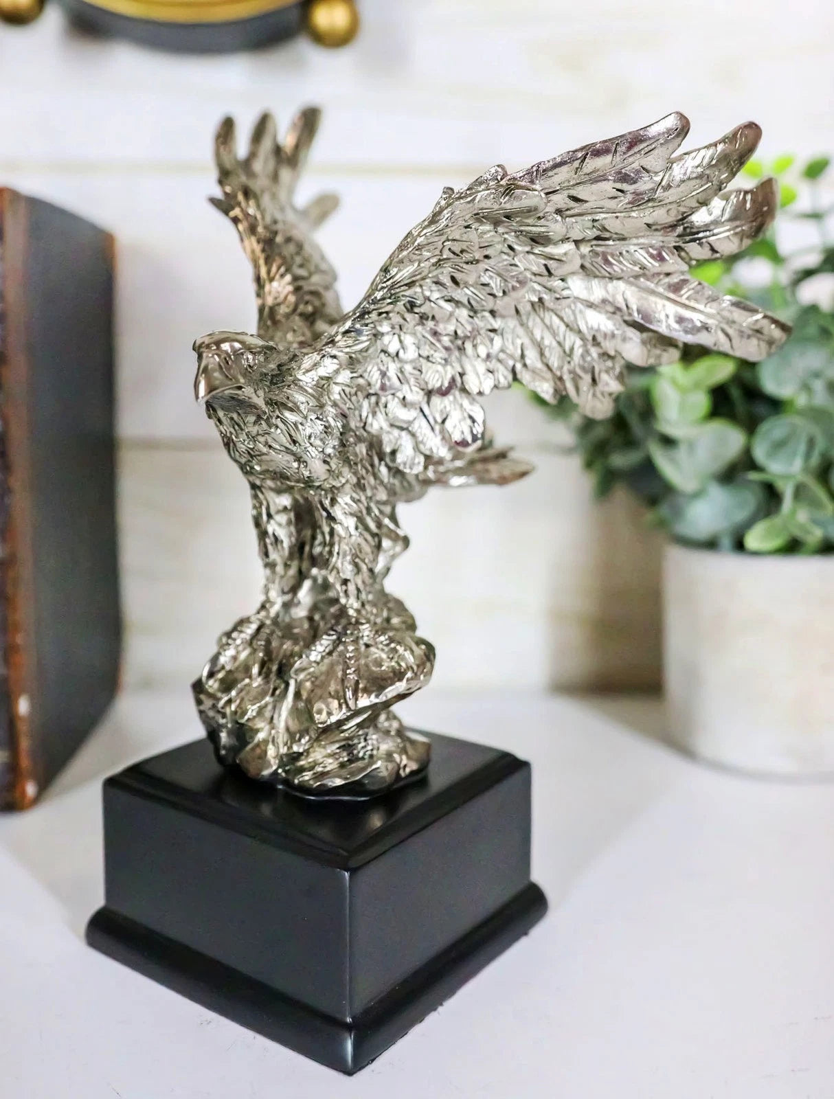 Silver Wings of Glory Bald Eagle Statue 7.75"Tall Silver Electroplated Resin-1