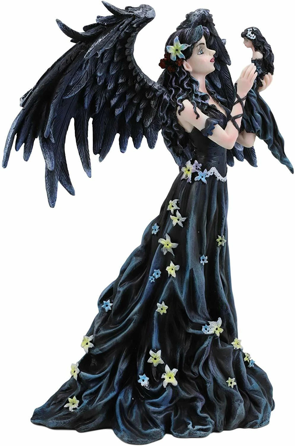 Gothic Raven Crow Maleficent Angel With Avatar Ditto in Black Lily Dress Statue-3
