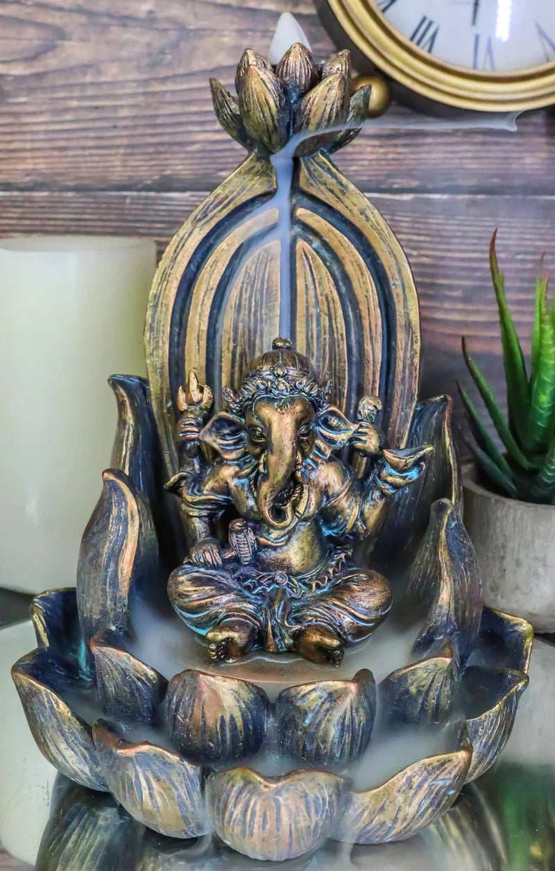 Hindu Elephant God Ganesha On Lotus Throne Backflow Cone Incense Burner Figurine-2