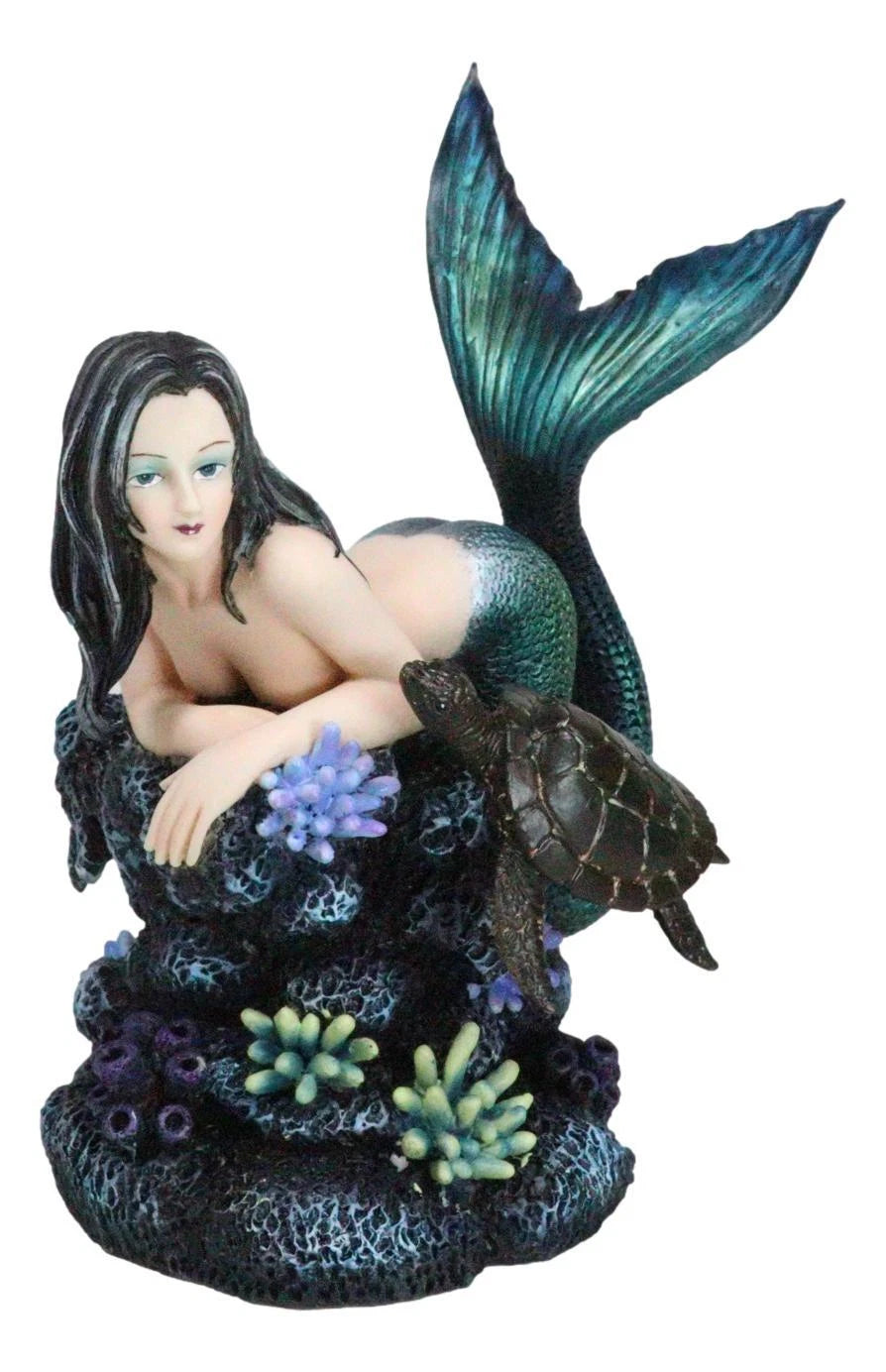 Siren Mermaid With Iridescent Tail And Turtle Companion By Coral Rocks Statue-8