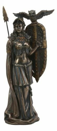 Greek Goddess Athena Wearing Helmet With Spear Aegis Shield And Owl Statue Decor-7