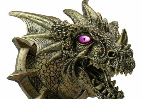 Castle Dungeon Chained Golden Dragon Wall Plaque Decor Color Changing LED Eyes-5