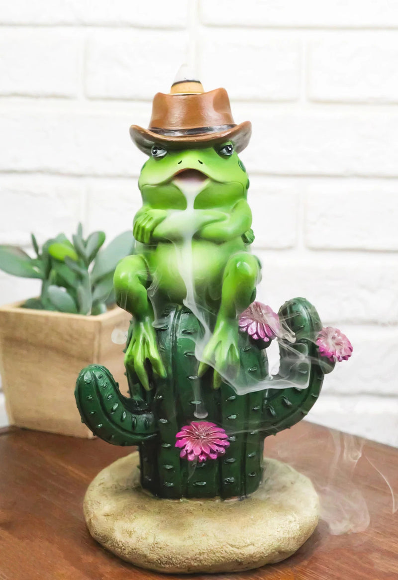 Western Outlaw Cowboy Frog On Cactus Backflow Incense Cone Burner Figurine-1