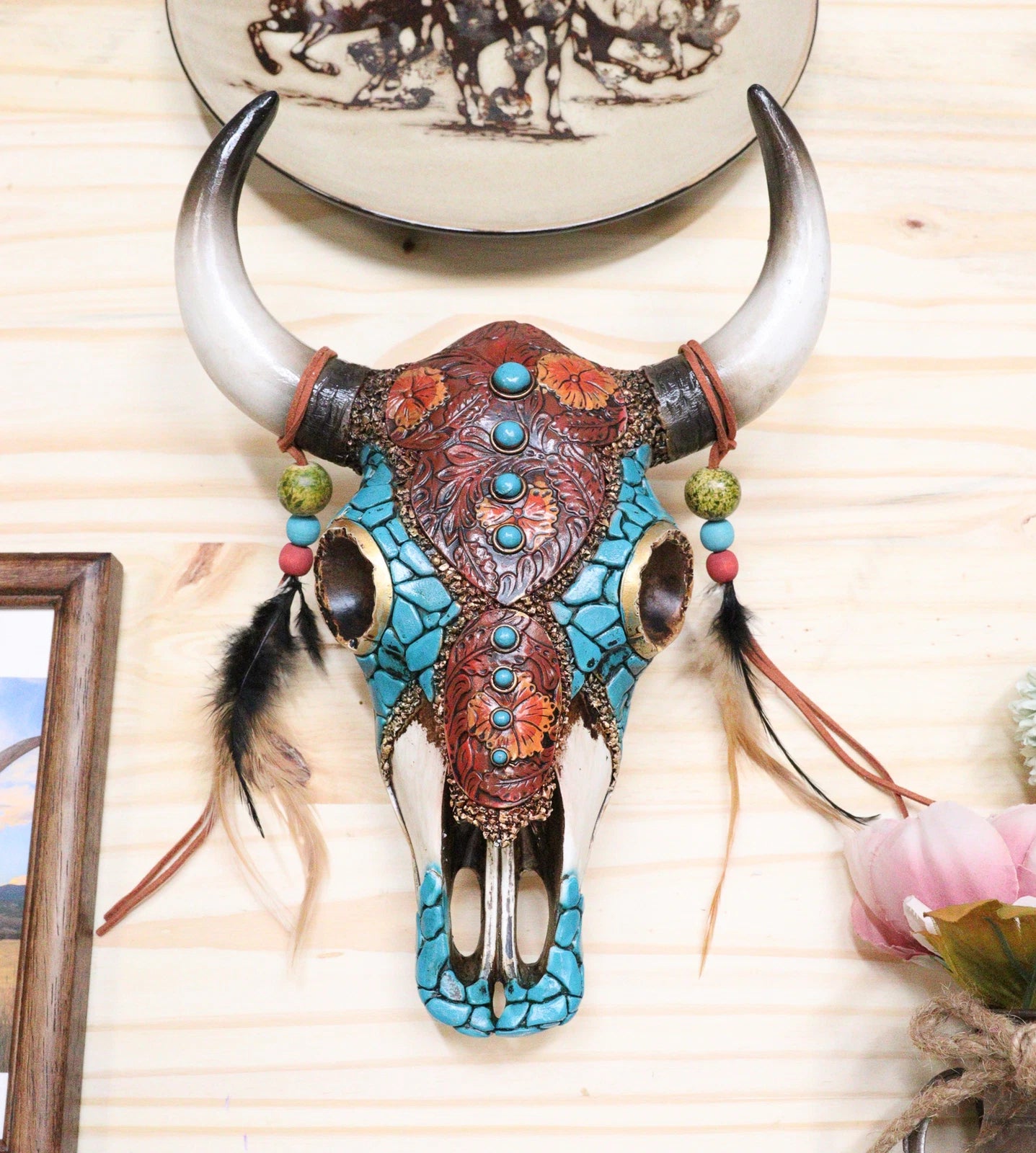 Southwest Tooled Leather Cow Skull With Turquoise Gems And Feathers Wall Decor