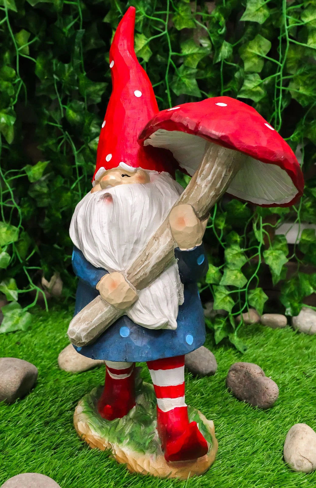 Large Whimsical Garden Gnome With Giant Toadstool Mushroom Umbrella Figurine