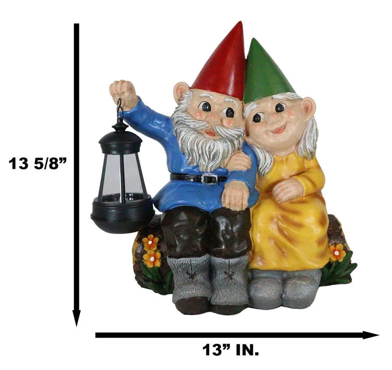 Estatua grande de gnomos de Sr. y Sra. en un tronco de árbol con luz LED solar, 34 cm de alto-2