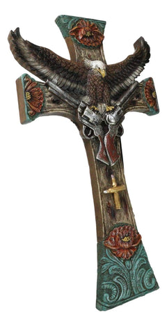 Rustic Western Turquoise Flowers Eagle Dual Pistols Cowboy Faux Wood Wall Cross-6