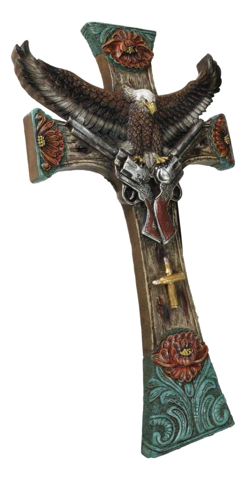 Rustic Western Turquoise Flowers Eagle Dual Pistols Cowboy Faux Wood Wall Cross-6
